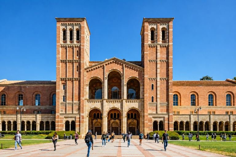 A university campus in the United States, bordered by open lawns and pathways students cross between classes.